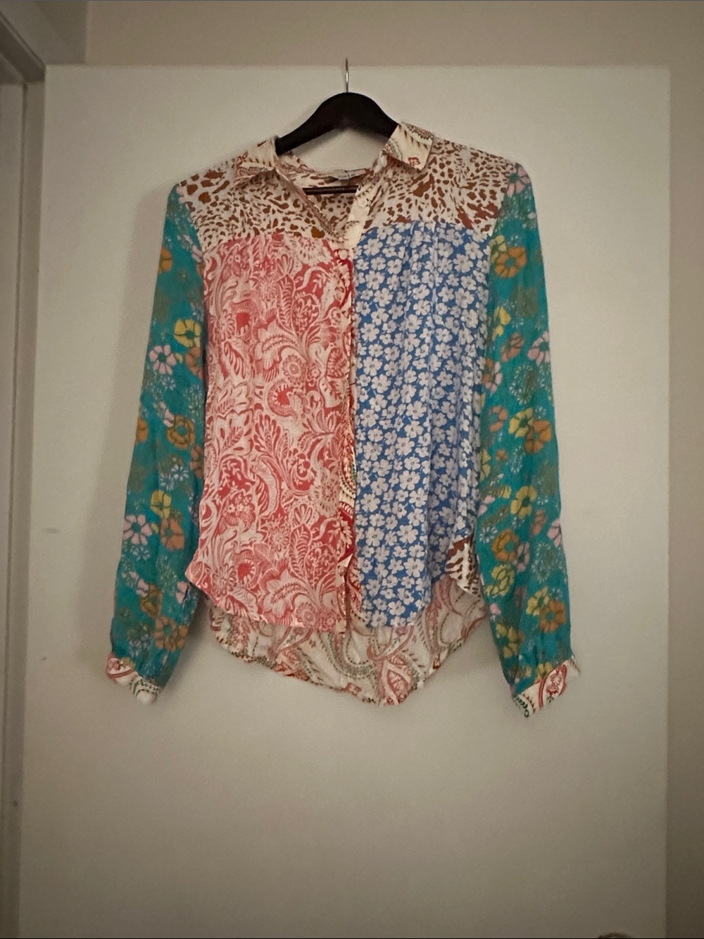 Fate Patchwork Floral and Paisley Button-Down Shirt in Teal, Red, Blue